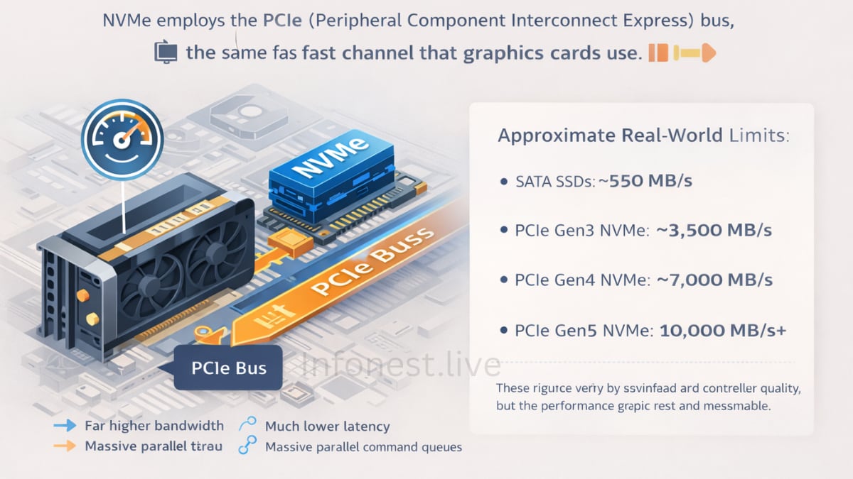 Diagram showing NVMe SSD using PCIe bus to communicate directly with CPU compared to SATA SSD speed limits