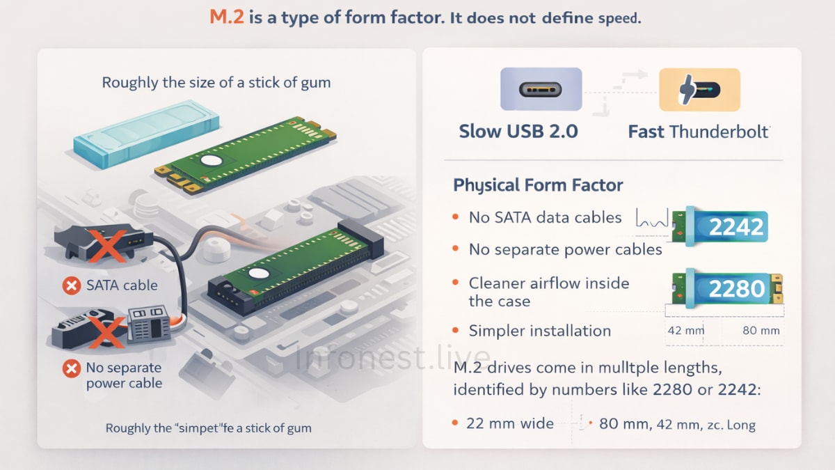 M.2 SSD form factor diagram showing compact gum-stick size drive mounted on motherboard without SATA or power cables