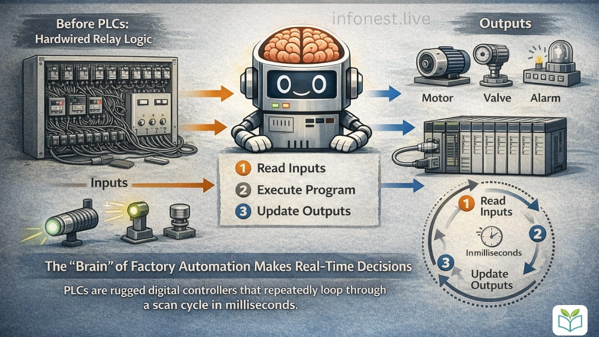 Illustration explaining what a PLC is, showing inputs, logic processing, outputs, and the PLC scan cycle used in industrial automation