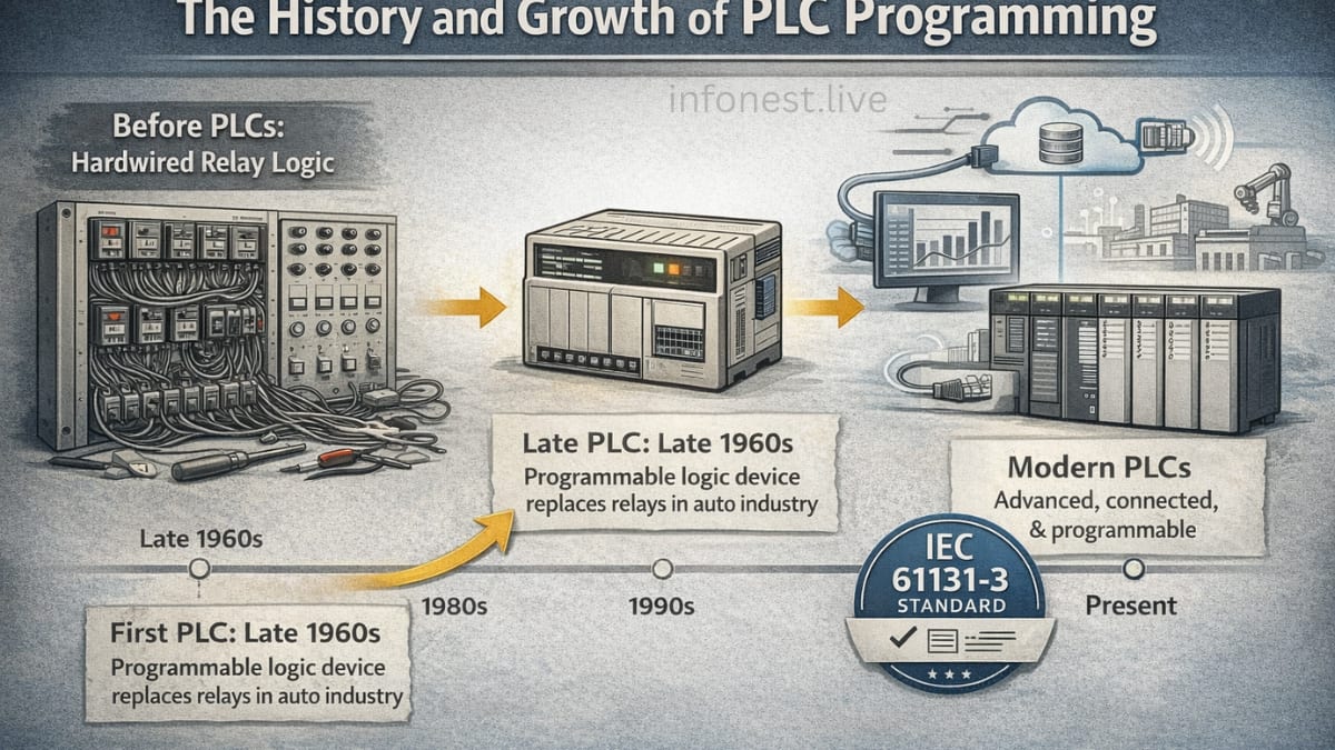 Timeline illustration showing the history of PLC programming from hardwired relay logic to modern PLC systems based on IEC 61131-3.