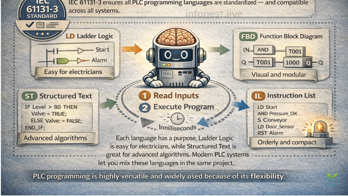 Infographic showing IEC 61131-3 PLC programming languages such as Ladder Logic, Function Block Diagram, Structured Text, and Instruction List
