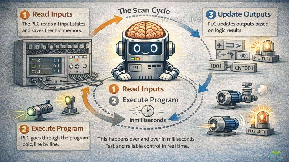 Infographic explaining the PLC programming scan cycle, including reading inputs, executing logic, and updating outputs in real time