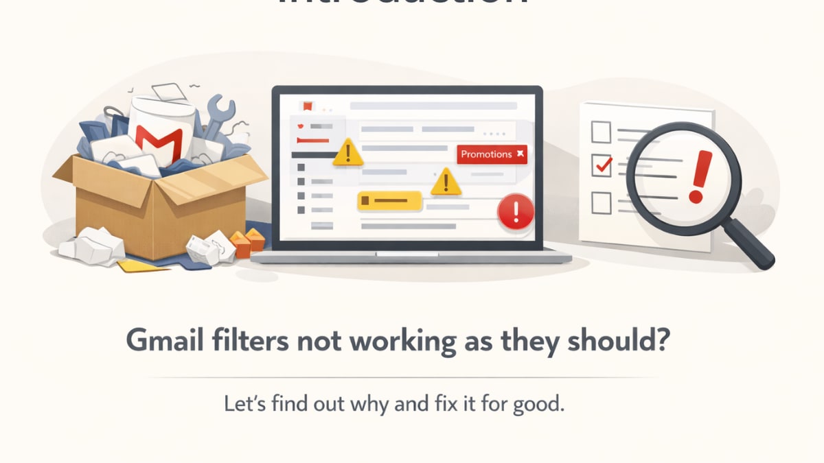 Illustration showing a cluttered Gmail inbox on a laptop with warning icons, representing Gmail filters not working correctly and emails bypassing inbox rules