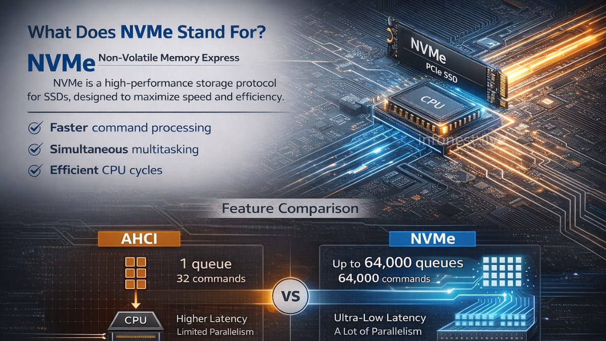 NVMe architecture compared with AHCI showing command queues, parallelism, and ultra-low latency storage communication.