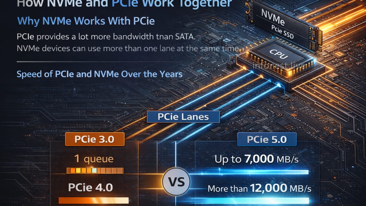 Diagram showing how NVMe SSDs use PCIe lanes for high bandwidth and faster data transfer compared to SATA