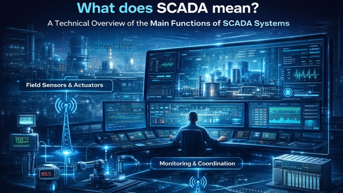 SCADA system architecture showing field sensors, PLCs, SCADA servers, and centralized industrial monitoring