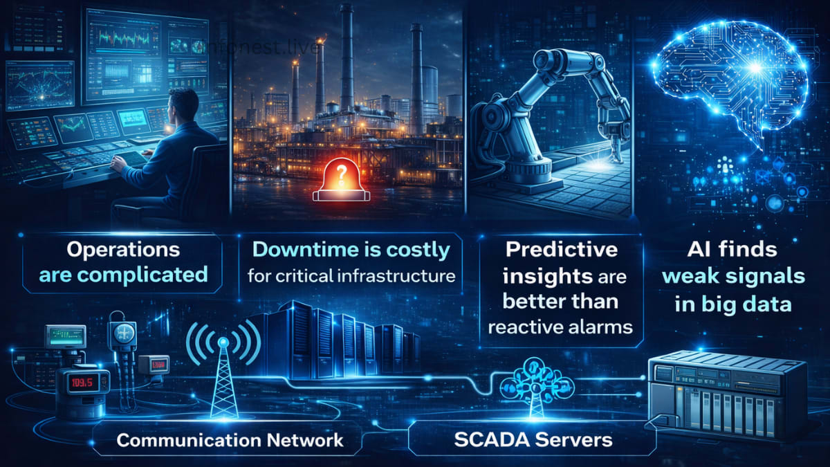 Reasons why AI is used in SCADA systems including complex operations, predictive insights, and big data analysis
