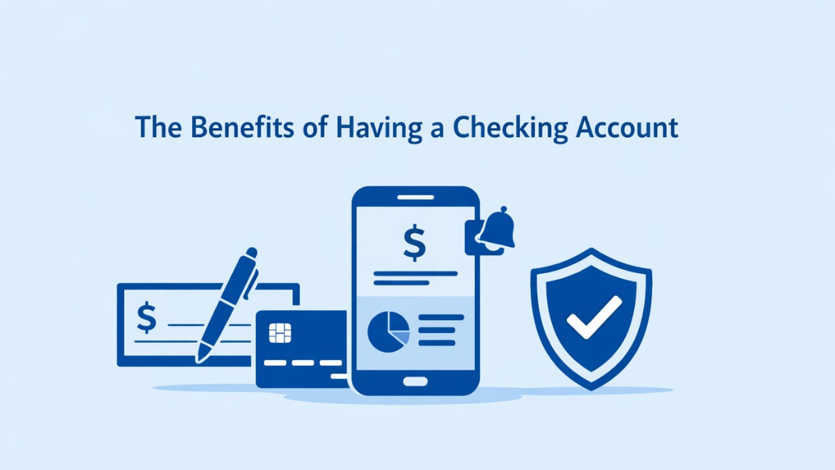 Illustration showing benefits of a checking account including debit card payments, ATM access, online banking, bill payments, and secure daily money management