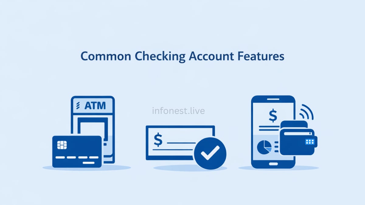 _Vector illustration of checking account features such as debit card usage, ATM withdrawals, mobile banking app, online bill pay, and digital wallet payments