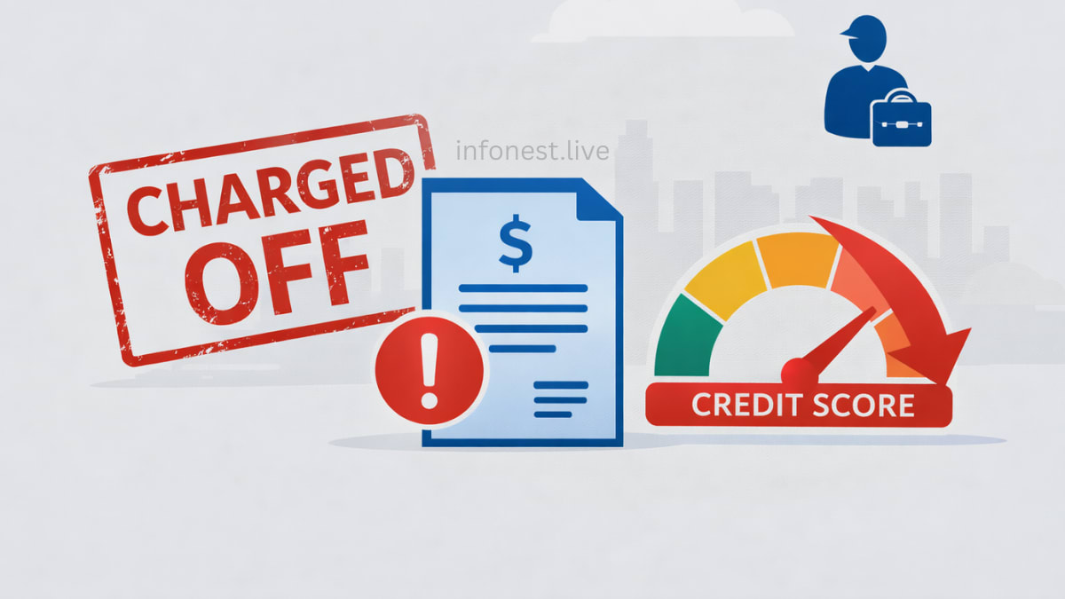 Concept image explaining a charged off account with unpaid debt notice, falling credit score meter, and financial risk warning symbols