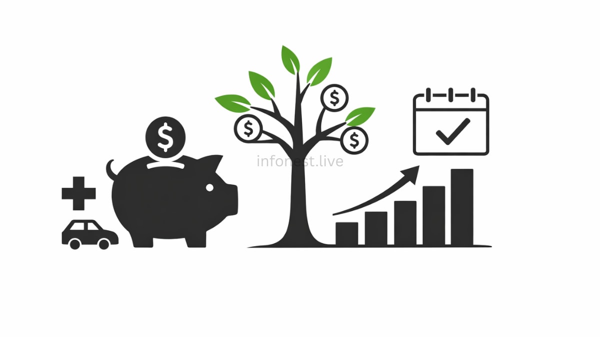 “Minimalist illustration showing a piggy bank, a growing money tree with dollar coins, and an upward bar chart, representing the benefits of a savings account, emergency funds, and long-term finan