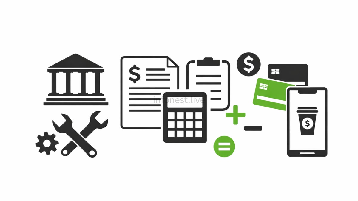 _“Minimalist illustration of a bank building, checking and savings cards, a toolbox, calculator, and accounting document, representing how checking and savings accounts work, basic accounting skil