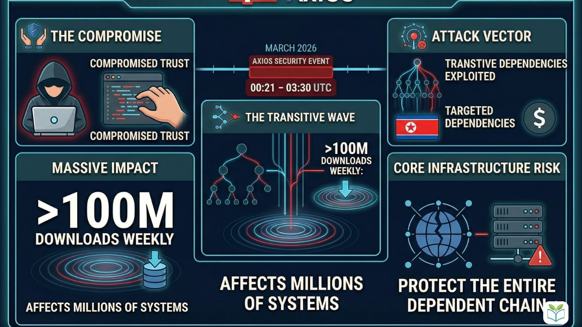 Simplified case study infographic of the Axios npm malware incident, explaining the attack vectors, transitive dependency risks, and the massive impact on millions of systems