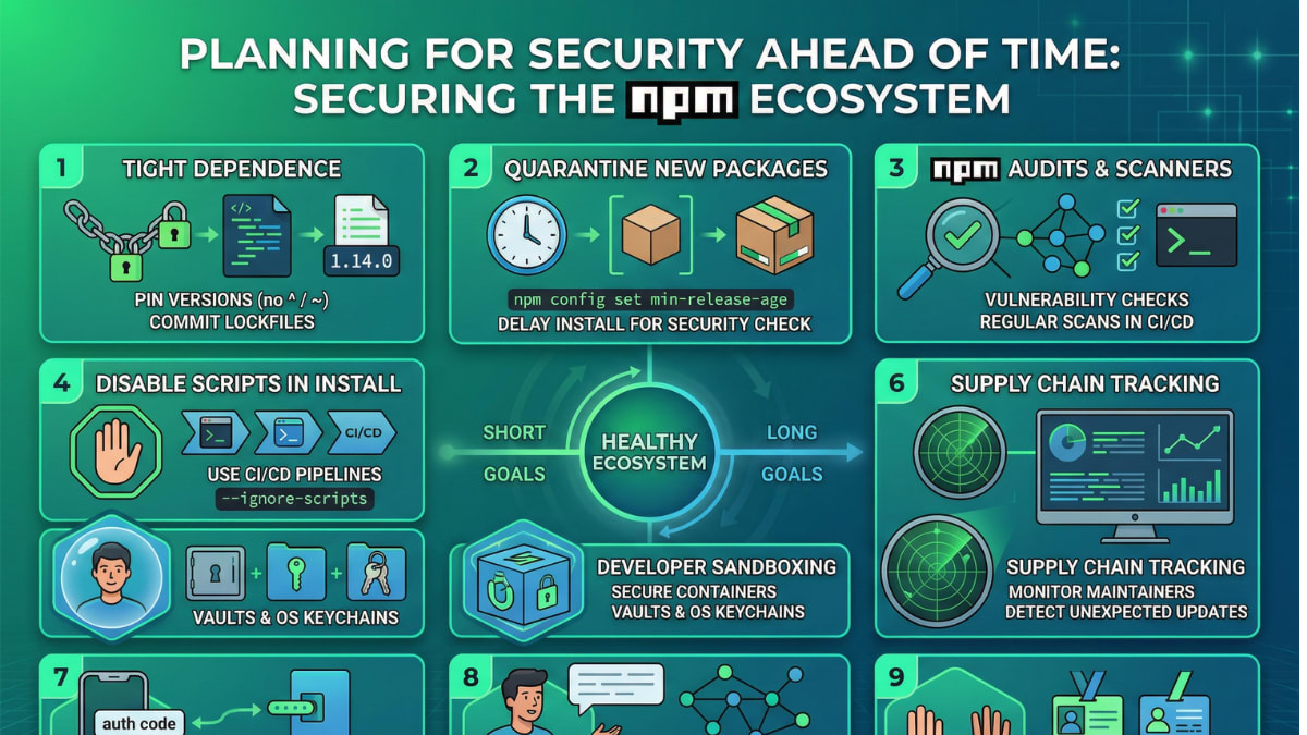 Infographic detailing 9 proactive security steps to secure the npm ecosystem against supply chain vulnerabilities, including dependency pinning, MFA, and developer sandboxing