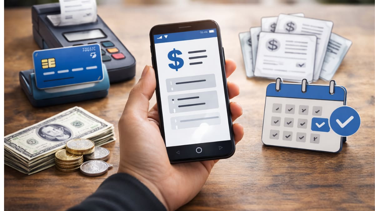 Person holding a smartphone with a banking app next to cash, coins, and a bill calendar.