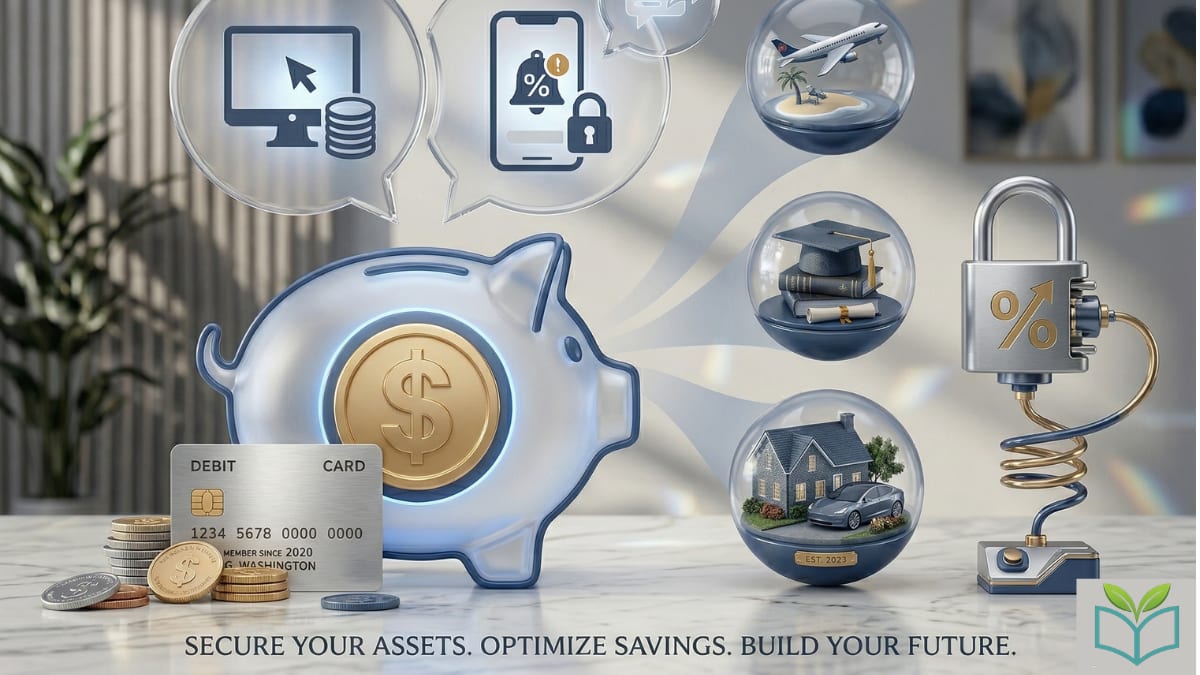 3D render of a glass piggy bank and debit card with icons for asset security and future growth.