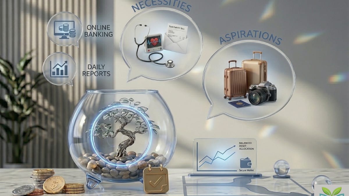 Conceptual image showing a jar for growth next to speech bubbles for bills and travel goals.