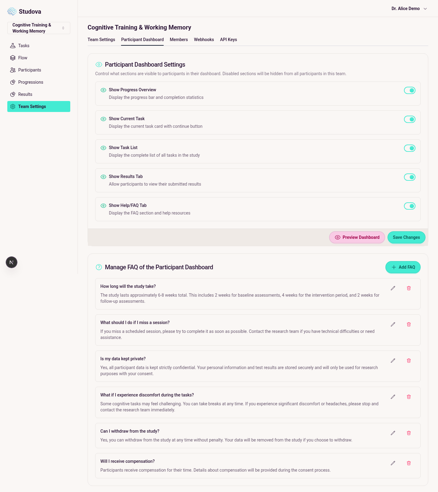 Participant Dashboard Settings