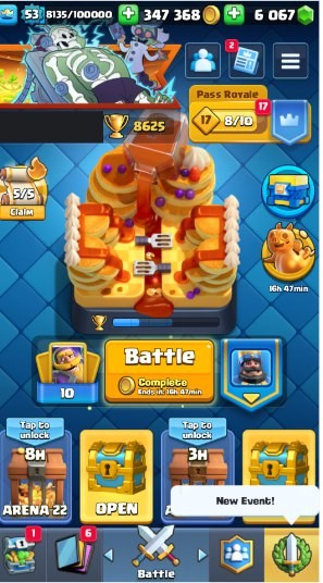 KT 14, LVL 53, Trophy 8625, Emotes 38, Gems 6067, Cards 115, Gold 347k (IOS/Android)