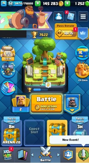 KT 14, LVL 52, Trophy 7622, Emotes 37, Gems 1252, Cards 116, Gold 145k (IOS/Android)
