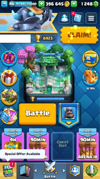 KT 14, LVL 46, Trophy 6923, Emotes 60, Gems 1248, Cards 109, Gold 396k (IOS/Android)