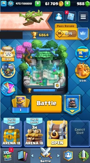 KT 14, LVL 47, Trophy 7229, Emotes 78, Gems 74, Cards 112, Gold 1.70kk (IOS/Android)