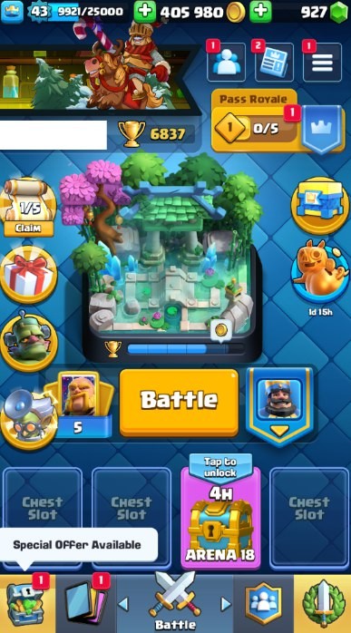 KT 14, LVL 43, Trophy 6837, Emotes 48, Gems 927, Cards 110, Gold 405k (IOS/Android)