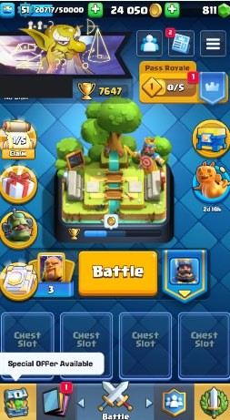 KT 14, LVL 51, Trophy 7647, Emotes 56, Gems 811, Cards 109, Gold 24k (IOS/Android)