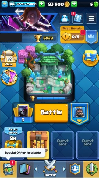 KT 14, LVL 44, Trophy 6928, Emotes 63, Gems 5, Cards 114, Gold 83k (IOS/Android)