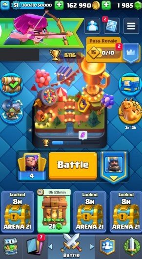 KT 14, LVL 51, Trophy 8116, Emotes 46, Gems 1985, Cards 115, Gold 162k (IOS/Android)