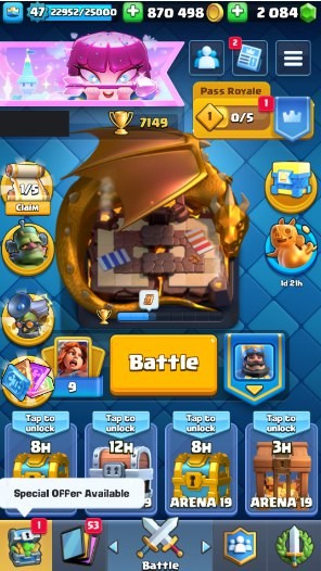 KT 14, LVL 47, Trophy 7149, Emotes 37, Gems 2084, Cards 113, Gold 870k (IOS/Android)