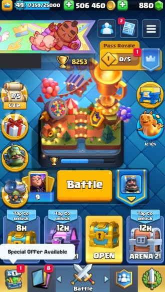 KT 14, LVL 49, Trophy 8253, Emotes 71, Gems 880, Cards 113, Gold 506k (IOS/Android)