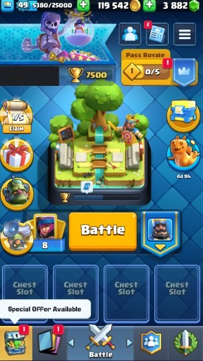 KT 14, LVL 49, Trophy 7500, Emotes 53, Gems 3882, Cards 111, Gold 119k (IOS/Android)