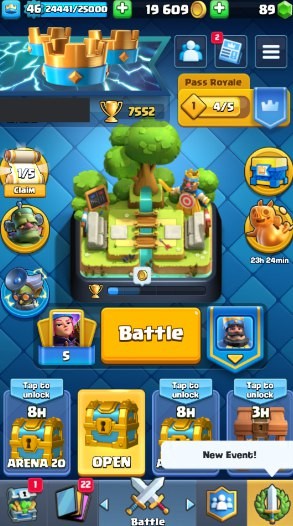 KT 14, LVL 46, Trophy 7552, Emotes 29, Gems 89, Cards 113, Gold 19k (IOS/Android)