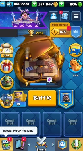 KT 14, LVL 48, Trophy 7292, Emotes 47, Gems 806, Cards 109, Gold 327k (IOS/Android)