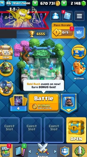 KT 14, LVL 46, Trophy 6555, Emotes 25, Gems 2148, Cards 113, Gold 670k (IOS/Android)