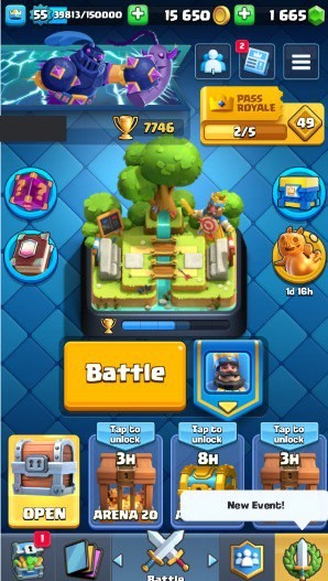 KT 15, LVL 55, Trophy 7746, Emotes 106, Gems 1665, Cards 113, Gold 15k (IOS/Android)