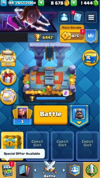 KT 14, LVL 45, Trophy 6447, Emotes 43, Gems 1444, Cards 110, Gold 8k (IOS/Android)
