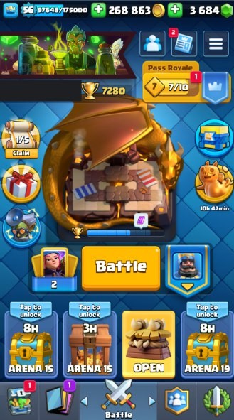 KT 15, LVL 56, Trophy 7280, Emotes 61, Gems 3684, Cards 114, Gold 268k (IOS/Android)