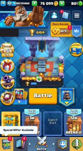 KT 14, LVL 42, Trophy 6104, Emotes 69, Gems 801, Cards 108, Gold 76k (IOS/Android)