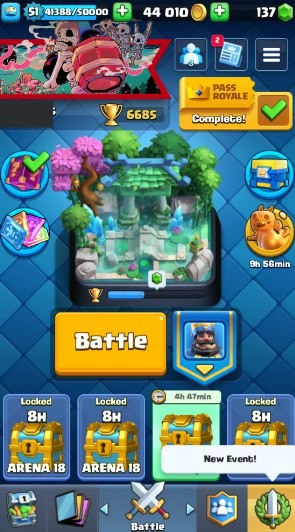 KT 14, LVL 51, Trophy 6685, Emotes 110, Gems 137, Cards 115, Gold 44k (IOS/Android)