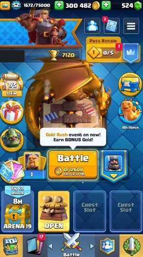 KT 14, LVL 52, Trophy 7120, Emotes 35, Gems 524, Cards 112, Gold 300k (IOS/Android)