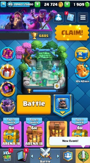 KT 14, LVL 45, Trophy 6885, Emotes 29, Gems 1909, Cards 107, Gold 24k (IOS/Android)