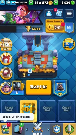 KT 14, LVL 41, Trophy 6043, Emotes 17, Gems 2539, Cards 107, Gold 360k (IOS/Android)