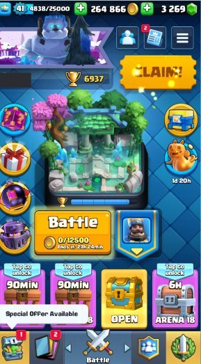 KT 13, LVL 41, Trophy 6937, Emotes 27, Gems 3269, Cards 109, Gold 264k (IOS/Android)