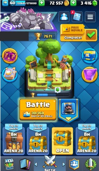 KT 15, LVL 60, Trophy 7671, Emotes 99, Gems 3416, Cards 115, Gold 72k (IOS/Android)