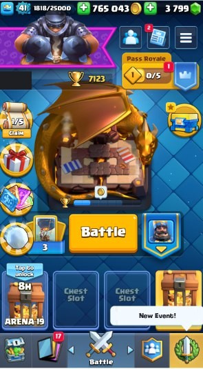 KT 14, LVL 41, Trophy 7123, Emotes 19, Gems 3799, Cards 111, Gold 765k (IOS/Android)