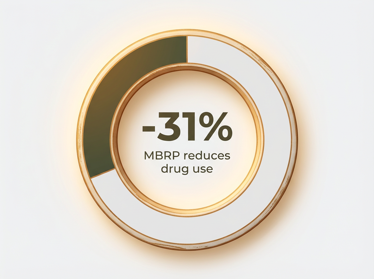 Infographic showing Reduction in drug use days with Mindfulness-Based Relapse Prevention (MBRP) at 12-month follow-up: -31%