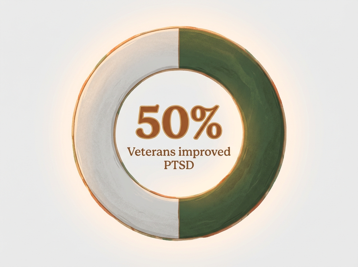 Infographic showing Veterans with marked reduction in PTSD/depression post-equine therapy: 50%