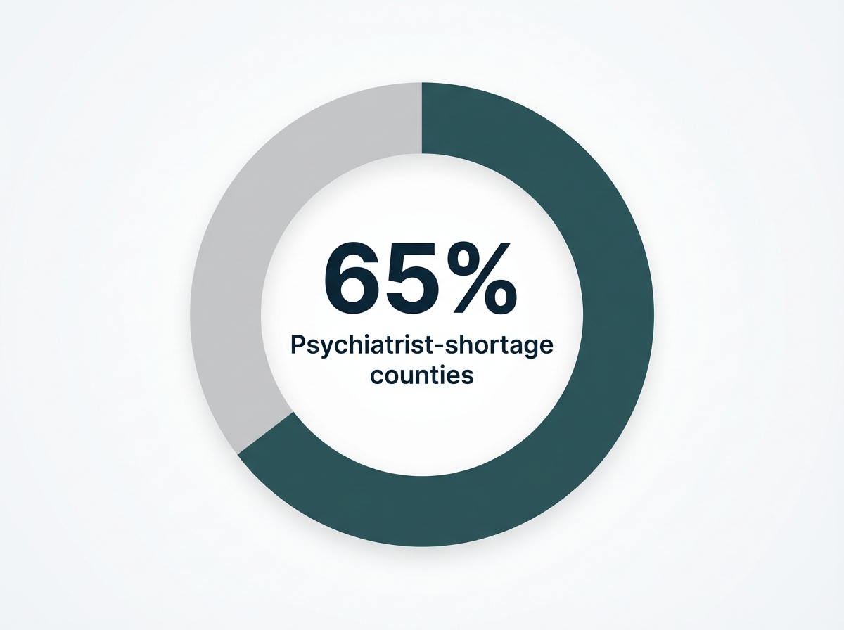 Infographic showing Nonmetropolitan counties lacking psychiatrists: 65%